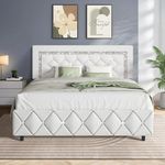 HOMBCK Full Size Bed Frame, Upholstered Bed Frame Full Size with Diamond Tufted Headboard, Faux Leather, Wooden Slats Support, No Box Spring Needed, Easy Assembly, Pearlized White