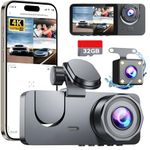 Dash Cam Front and Rear Camera, 4K Full HD 3 Channel Dash Camera for Cars, Free 32GB Card, Dashcam with Night Vision, G-Sensor, 24H Parking Mode, 170°Wide Angle, Loop Recording