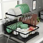PRIME FEEL 2 Tier Dish Drainer Rack, Rustproof Dish Drying Rack for Kitchen Countertop, Draining Board Rack with Drip Tray, Cutlery Drainer, Glass Holder & Chopping Board Rack, (Black)
