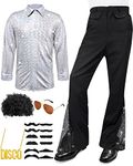 Mens 70s Disco Outfit Costume Bell Bottom Pants Shirts Wigs Necklace Mustache Sunglasses(X-Large,Silver)