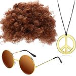 WUERKIYA 3 Pcs Hippie Costume Set Included Funky Afro Wig, Sunglasses, Peace Sign Necklace for 50/60/70s Theme Party,Brown