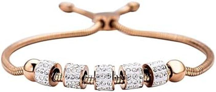 SHOP LC DELIVERING JOY White Crystal Bolo Adjustable Bracelet for Women Jewelry Birthday Gifts for Women Ion Plated Rose Gold Jewelry Ball Slider 9" Birthday Gifts