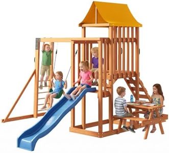 SunSwell Wooden Swing Sets for Backyard- Outdoor Playset with 2 in 1 Outdoor Table, 6FT Wave Slide, Climbing Wall, and Belt Swing, Playground Sets with Monkey Bar