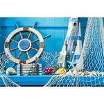 8x6ft Vinyl Blue Wooden Nautical Birthday Backdrop for Photoshoot Blue Boat Fishing Net Lighthouse Compass Sailing Adventure Background for Kids Baby Shower Backdrop Photo Booth Studio Prop