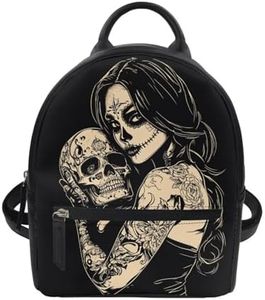 Freewander Witch Skull Print Small Backpack Purse for Women Teen Girls Fashion Leather Mini Backpack Lightweight Travel Rucksack Casual Shoulder Bag Tote Bag Handbag