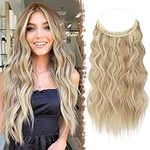 FESHFEN Invisible Wire Hair Extensions with Transparent Wire Adjustable Size with Clips Synthetic Hair Piece Long Wavy Secret Headband Hairpieces for Women 20 Inch Dark Golden Mix Beige Blonde