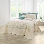 BrylaneHome Bedding Lightweight All Season Modern Amelia Quilted Damask Oversized Ultra Soft Bedspread - Queen, Ivory Seaglass Beige