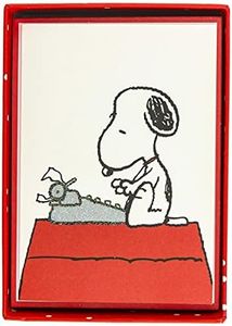Graphique Peanuts Typewriter Boxed Notecards, 16 Snoopy at Typewriter Cards Embellished with Glitter, with Matching Envelopes and Storage Box, 3.25" x 4.75"