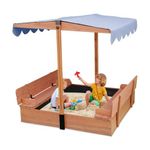 FunXplore Wooden Sandbox with Lid Kids Sand Box with Cover Outdoor Sand Pit, 2 Foldable Bench Seats, Adjustable Canopy, Gift for Ages 2-8