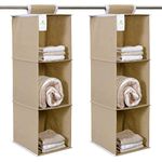 Homestrap Non Woven Hanging 3 Shelves Wardrobe/Closet Cloth Organizer (Beige)|(Pack of 2)(Shark Tank Product)