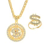 ThrivingAura 2 Pieces Gold Dollar Sign Necklace and Ring Gold Money Dollar Necklace and Ring for Rapper Hip Hop Disco Jewelry Decoration Set for Men Woman Mardi Gras 80s 90s Carnival Party Supplies