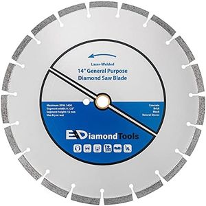 14" Laser Welded Diamond Saw Blade for Concrete, Brick, Block and Masonry, Heat Treated Blade Core, Dry or Wet, 1" Arbor