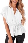 Halife Women's Button Down Blouses Tie Front Elastic Waist Peplum Dressy Shirts, White, X-Large