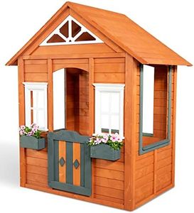 Sportspower Woodbridge Wooden Outdoor Backyard Playhouse with Flower Boxes, Red