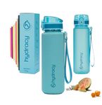 Hydracy Water Bottle with Time Marker - 500 ml 17 Oz BPA Free Water Bottle - Leak Proof & No Sweat Gym Bottle with Fruit Infuser Strainer - Ideal Gift for Fitness or Sports & Outdoors - Aqua Blue