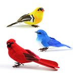 Set of 3 Artificial Birds for Decoration, Floral Arrangements and Arts & Crafts | Red Cardinal, Eastern Bluebird & American Goldfinch