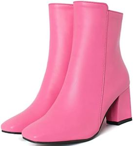 Caradise Womens High Chunky Heeled Boots Zip Up Square Toe Ankle Booties, Hot Pink, 8
