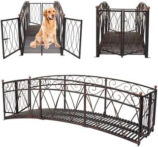 Kinsuite 8FT Metal Garden Bridge with Gate - 96”x 31”x 31.6”Decorative Footbridge Iron Bridge with Safety Siderails, Outdoor Decorative Yard Garden Arch for Backyards Fish Pond Stream, Dark Blonde