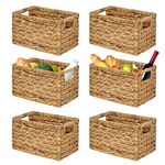 BARIEN Set of 6 Natural Water Hyacinth Woven Storage Baskets 12.6” x 8” x 7”, Rectangular Wicker Basket with Built-in Handles, Medium (Natural - Set of 6)