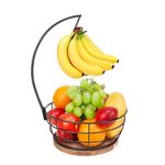 Livabber Countertop Fruit Basket Bowl with Banana Hanger, Modern Standing Fruit Vegetable Bowl Storage, with Banana Tree Holder for Kitchen Dinning Table (Round Wood, Black)