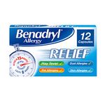 Benadryl Allergy Relief Capsules (1 x 12 Capsules), Antihistamine Capsules with Acrivastine, Hayfever Capsules for Allergy Relief from Hay Fever Symptoms, Suitable for Pet, Dust, and Skin Allergies