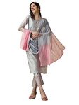 EthnicJunction Women's Chanderi Silk Jacquard Straight Kurta Pant & Dupatta Set Grey