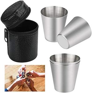 PERFETSELL 4 Pcs 30ml Stainless Steel Cup Food Grade Metal Tumblers Mini Portable Shot Glasses Set with Black Leather Bag for Hiking Picnic Camping Travel, BPA Free, Silver