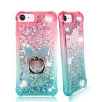 Zase Designed for iPhone SE 5G 2022 for iPhone 8/7 (4.7 inch) Liquid Glitter Sparkle Cover 3D Floating Butterflies Quicksand Shockproof w/Phone Ring Stand (Gradient Pink Aqua)