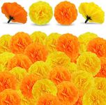 Artificial Marigold Flowers - 50 Pcs Halloween Decoration Orange Marigold Head Silk Fake Paper Flowers Garland Dia De Los Muertos Decor for Festival Backdrop (25 Yellow + 25 Orange)