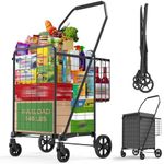 Folding Shopping Cart, Portable Heavy Duty Trolley with Swivel Wheels, Lightweight Double Basket Grocery Carts for Laundry, Luggage, Books, Space-Saving Design, with Black Waterproof Bag