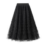 Women High Waist Mesh Skirt Gradient Color Layered Yarn Skirt Tulle Tutu A-Line Midi Skirt Pleated Swing Long Skirt for Prom Party