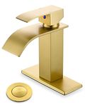 YardMonet Gold Bathroom Faucets, Modern Single Hole Bathroom Faucet Waterfall Spout Bathroom Faucet Brushed Gold Bathroom Sink Faucet with Drain Assembly and Lead-Free Hose