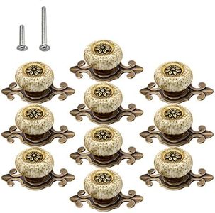 HUAMULAN 10 Pack Retro Ceramic Knobs,Vintage Dresser Kitchen Petal Cabinet Pulls Rustic Zinc Alloy Base Back Plate Kid Cupboard Wardrobe Drawer Door Handles