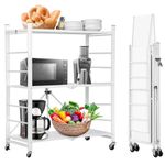 ABOUT SPACE Foldable Kitchen Storage Rack - 3 Tier Space Saving Metal Stand with Caster Wheels - Crockery Unit-Multifunctional Movable Microwave Stand Trolley-Upto 90kg (White - L 75 x B 36 x H 85 cm)