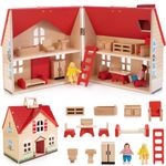 WOODMAM Fold & Go Wooden Dollhouse with 13 Furniture Pieces, 4 Room and 2 Dolls, DIY Pretend Dream House with Portable Handles, Birthday Gift for Kids 3 4 5 6 Years Old