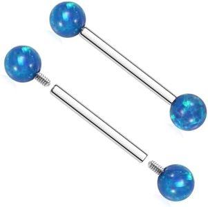 AROWRO Nipple Bars Titanium Nipple Jewelry 14 Gauge Long Bar Nipple Rings Internally Threaded Tongue 16mm Nipple Piercing Blue Opal Nipple Piercings Silver Nipple Barbells