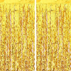 cyxevous Gold Wavy Tinsel Curtain Foil Fringe Curtains Photo Booth Props for Bridal Shower Decorations Gold Birthday Decorations (2 Pack 3.2 ft X 6.6 ft)