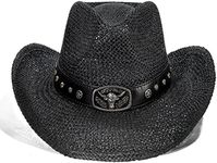 Straw Cowboy Hat Western Style Classic Cowgirl Hat,Black with Star Bull Band