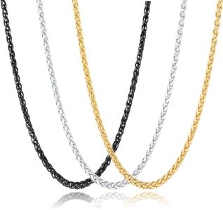 Awrovi 3 Pcs Men Women Chain Necklace, 4mm Stainless Steel Gold Black and Silver Wheat Chains, 18"/22"/26"/30 Inches