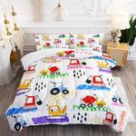 Suncloris Kids Construction Vehicles Comforter, Cartoon Crayon Painting Cars Bedding Set for Girls Boys, Work Road Trucks Themed Quilt Bedroom Decor with 2 Pillow Cases (ConstructionVehicles05, Twin)