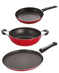 Nirlon Non-Stick Aluminium Cookware Set, 3-Pieces, Red/Black (2.6mm_FT13_KD12_TP)