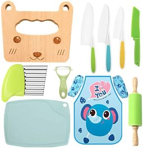 12 Pieces Wooden Kids Kitchen Knife, Kids Knife Set with Gloves Cutting Board Fruit Vegetable Crinkle Cutters Serrated Edges Plastic Toddler Knifes for Real Cooking Kid Safe Knives - Crocodile