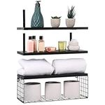 BELLE VOUS 3 Pack of Black Wooden Floating Shelves - 42cm/16.5 Inches Long - Rustic Wall-Mounted Shelf Storage Set with Basket - Wood Shelves for Bedroom, Living Room, Kitchen, Bathroom or Office