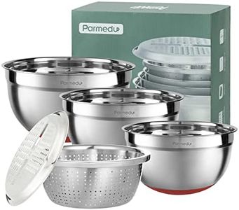 Parmedu Set Ciotole Multifunzione 5 in 1 100% Acciaio Inossidabile 304, 3 Insalatiere Profonde 4L/3L/2,5L con Segni di Scala e Base in Silicone Antiscivolo, Scolapasta e Grattugia