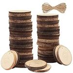 Kurtzy 50 Pack Unfinished Natural Wood Slices - 3-5cm Diameter & 5mm Thick - Predrilled Holes & 10m of Jute Twine - Small Rustic Wooden Log Discs with Bark & Smooth Finish - for Crafts & Decorations