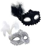 TSHAOUN 2 Pieces Masquerade Mask with Feather Women Venetian Mask Halloween Party Cosplay Mardi Gras Mask Carnival Eye Mask for Fancy Dress Lace Mask Costume Party (Black and White)