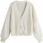 SweatyRocks Girl's Long Sleeve Drop Shoulder V Neck Button Front Ribbed Knit Cardigan Sweaters Solid White 11-12Y