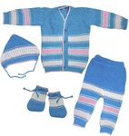 little PANDA Baby-Boys, Firoji Sweater Woollen Full Sleeves, V Neck Sweater Top, Bottom, Cap & Booties Set (0-3 Months, Blue Firoji)