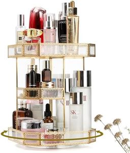 ZOOFOX 360 Degree Rotating Glass Makeup Organizer, Large Cosmetics Storage Display Holder with Gold Trim for Vanity, Clear Makeup Carousel for Perfume, Cosmetics, Brushes, Lotion, Lipsticks