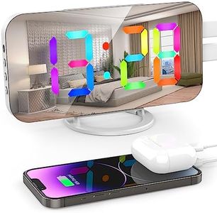 ThreeH LED Desk Clock with Dynamic RGB Color Mirror Alarm Clock with Dual USB Charger Ports 6 Levels of Brightness Home Office Decoration White